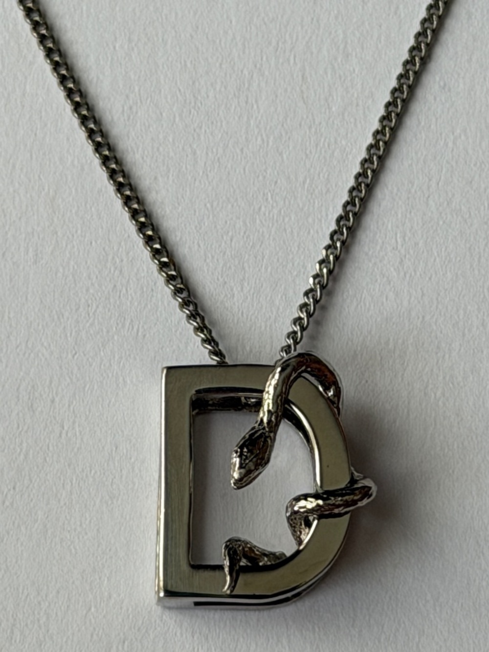 Saint Laurent YSL Sterling Silver D Initial Letter Snake Pendant Chain Necklace